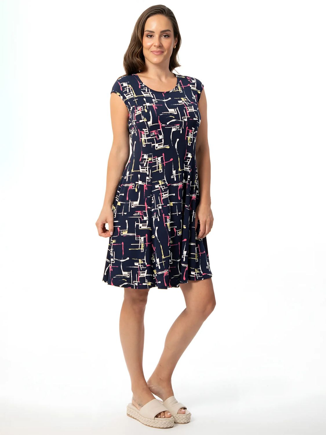 Cap Print Midi Dress, Color: Navy Mix, Size: 10