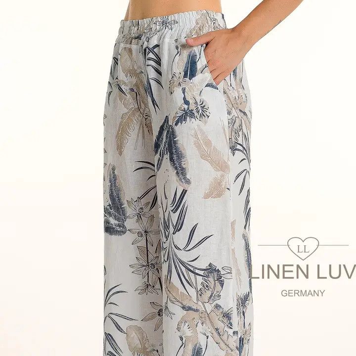 Printed French Linen Pant, Color: White/ Mix, Size: M