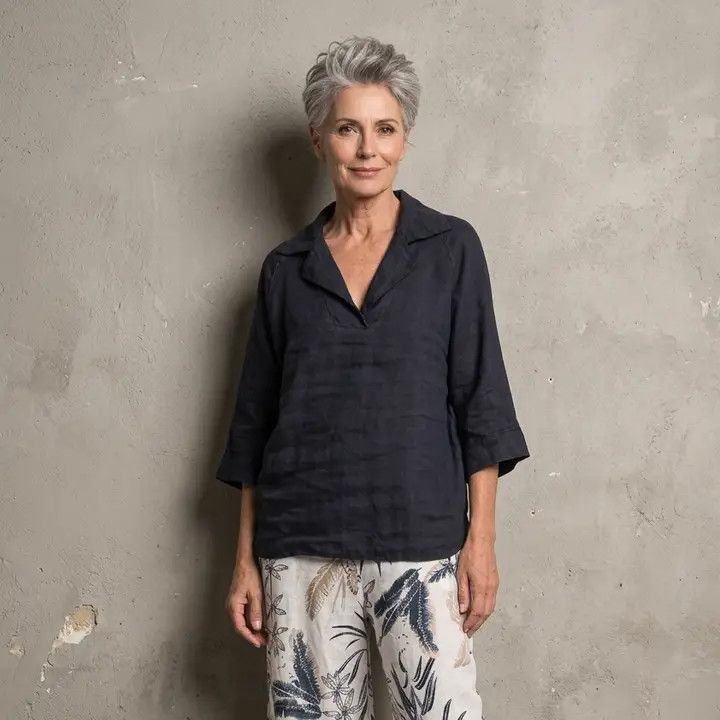 French Linen Blouse, Color: Navy, Size: M