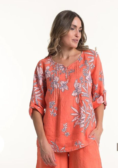French Linen 3/4 Sleeve Print Blouse , Color: Coral, Size: S