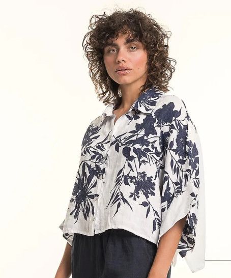 Floral French Linen Drop Sleeve Top, Color: White/ Navy, Size: O/S