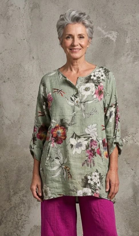 F. Linen Floral Print Tunic Top, Color: Sage/ Mix, Size: S