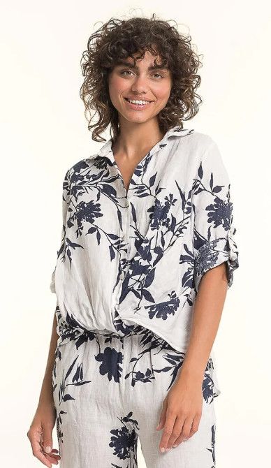 F. Linen Print Twist Hem Blouse, Color: White/ Navy, Size: S