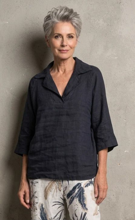 F. Linen V-Neck Top, Color: Navy, Size: S