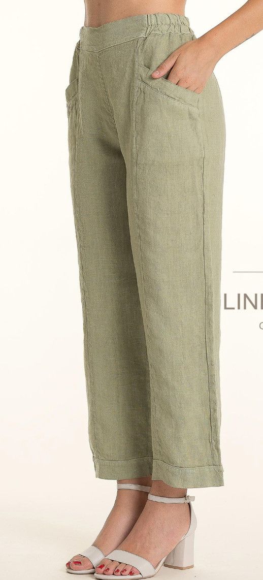 F. Linen Cuff Crop Pant w/ Pocket , Color: Sage, Size: S