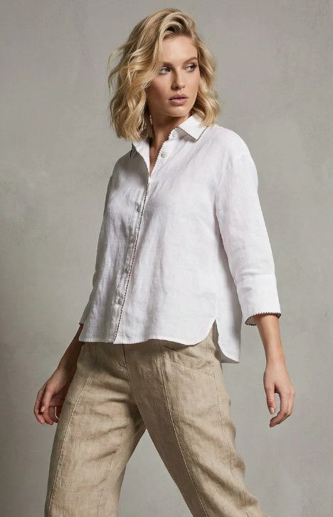 F. Linen Button- Up Stitch Blouse 