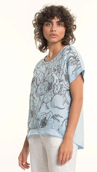 F. Linen Print Sequin Hem &amp; Cuff T-shirt