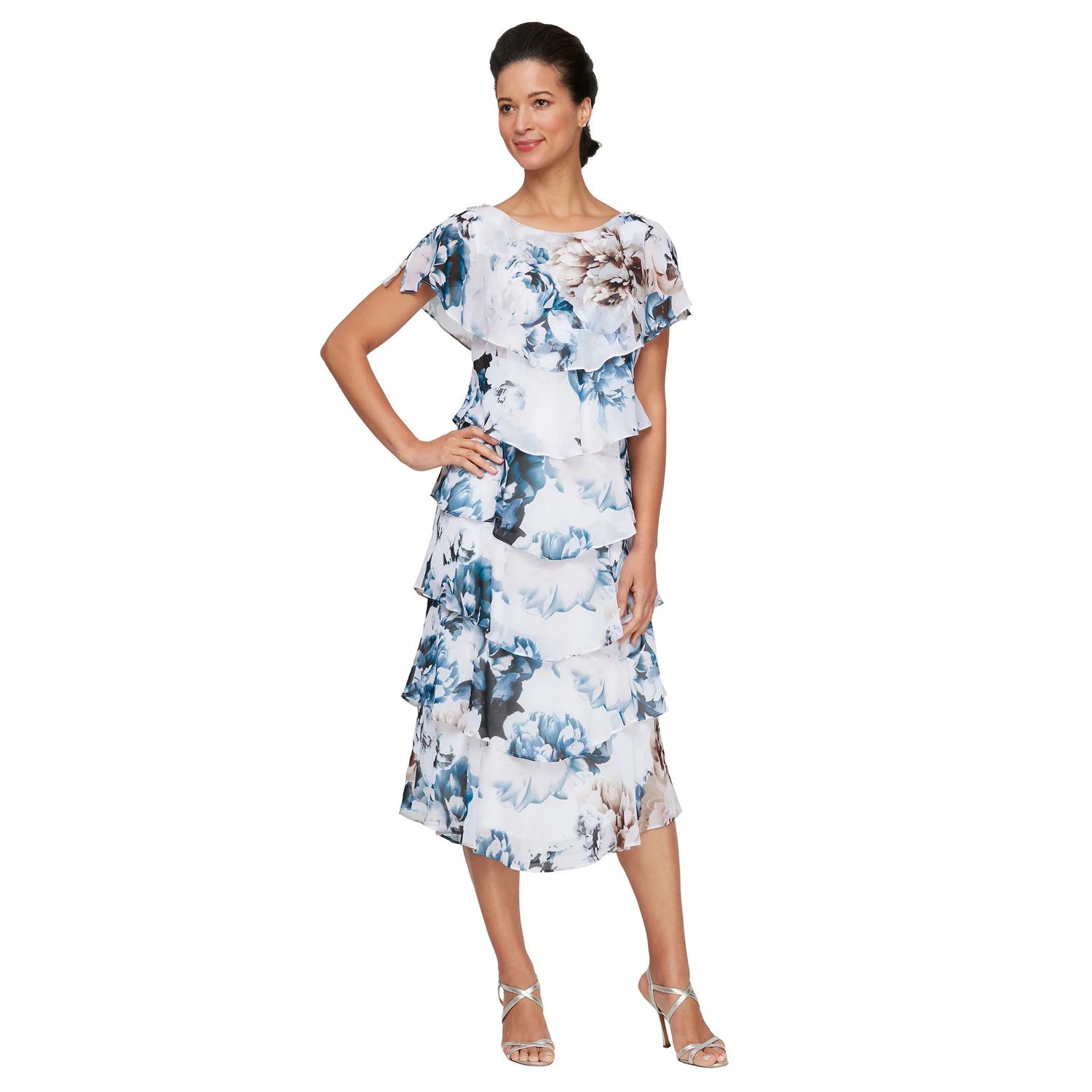 Printed Floral Tea- Length Tiered Dress, Color: Ivory/ Multi, Size: 12
