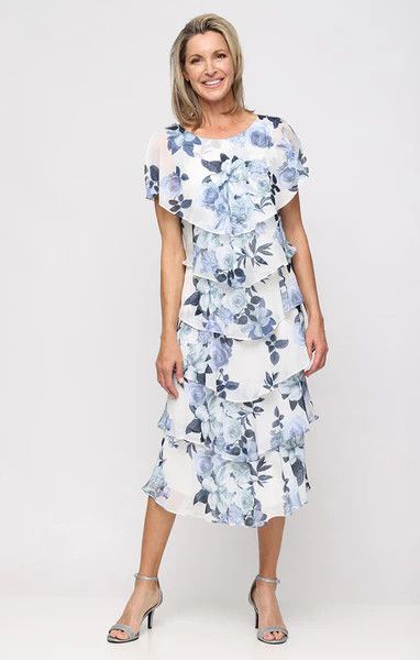 Midi Floral tiered Dress, Color: Ivory/ Blue, Size: 12
