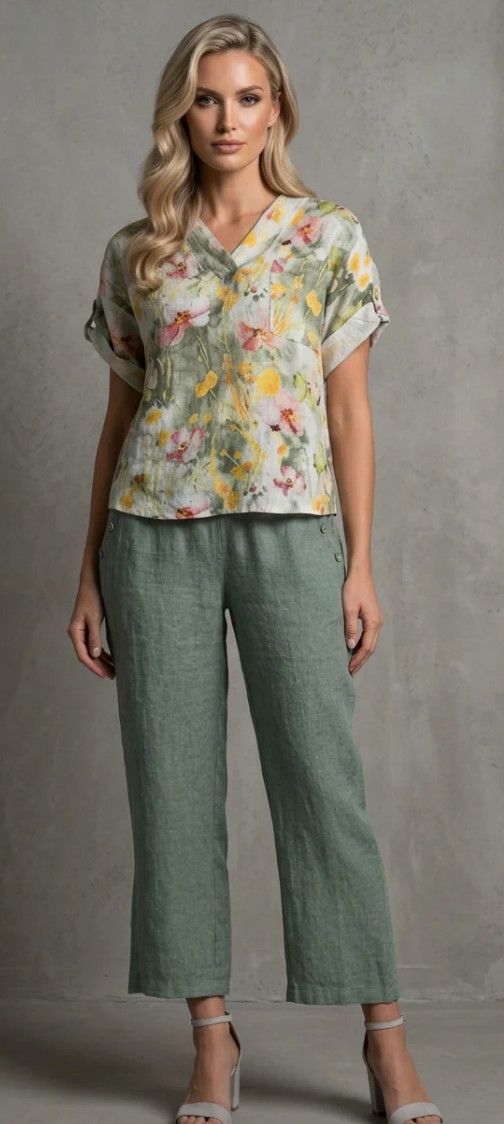 F. Linen Floral Print V-Neck, Color: Sage Mix, Size: S