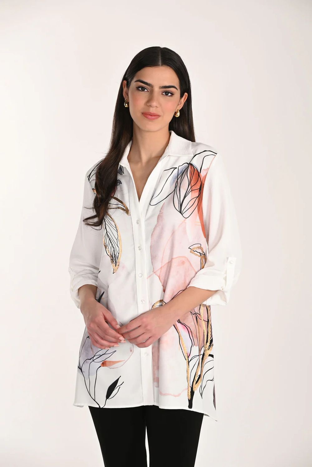 Petal Print Button Tunic Blouse, Color: White, Size: S