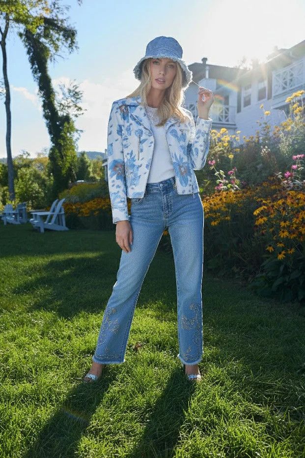 Floral Print Soft Moto, Color: Ivory/ Blue, Size: XS