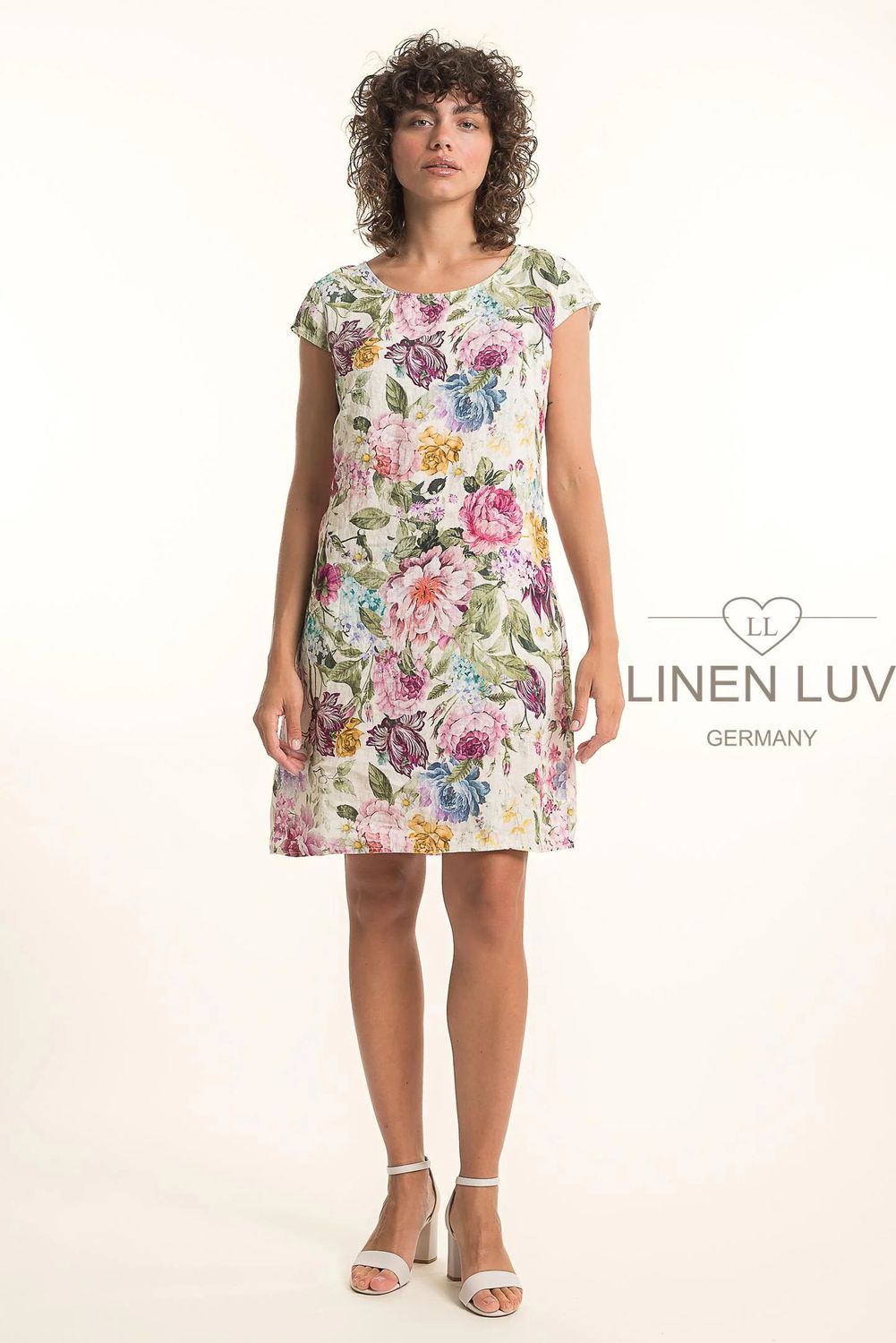 Floral Shift linen Dress, Color: Pink/ Mix, Size: M