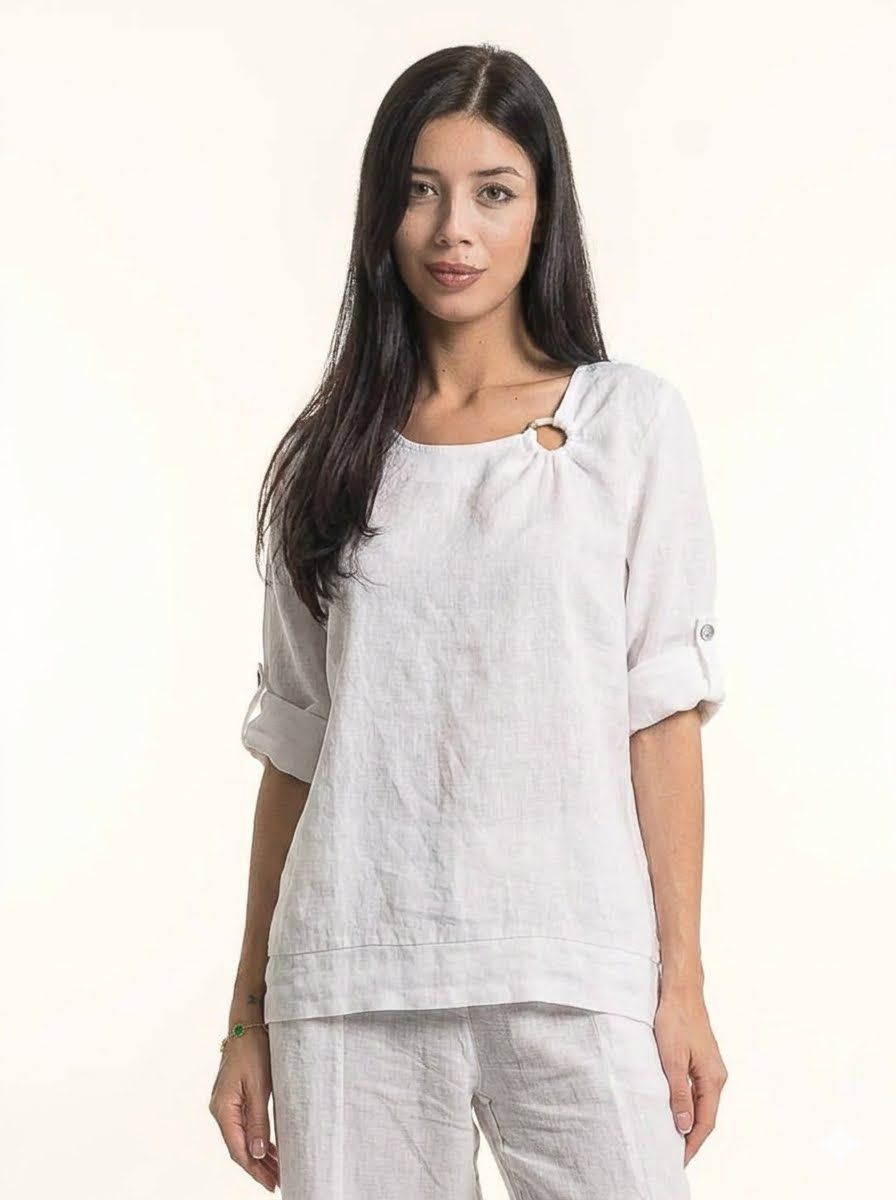 Notched Neck Linen Top, Color: White, Size: M