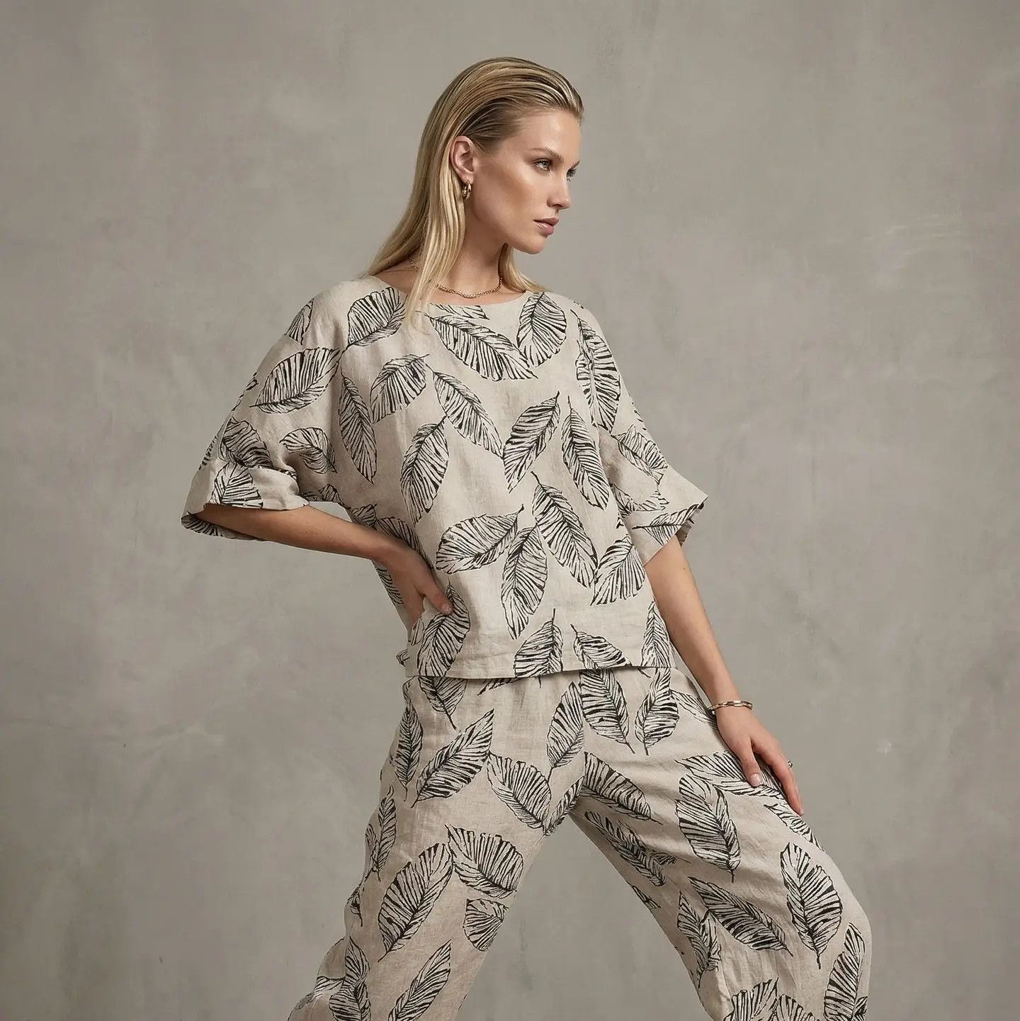 Linen 3/4 Print Top, Color: Sabbia, Size: M
