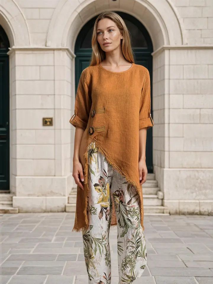 Asymmetric Cut Linen Tunic, Color: S, Size: Cotto