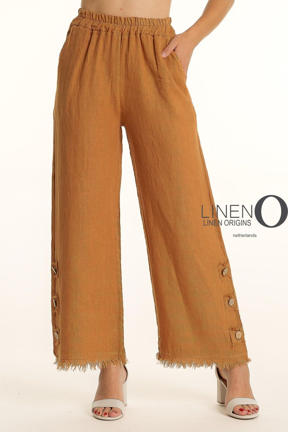 Fringe Hem Button Hem Linen Pant, Color: Cotto, Size: S