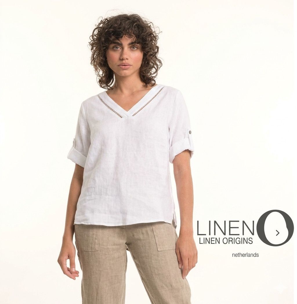 F. Linen V-neck Rolled Cuff T-Shirt , Color: Bianco, Size: S