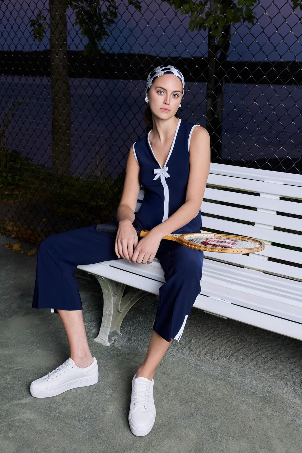 2pc V-neck Sleeveless top w/ Pant, Color: Mid-Night/ White, Size: 6