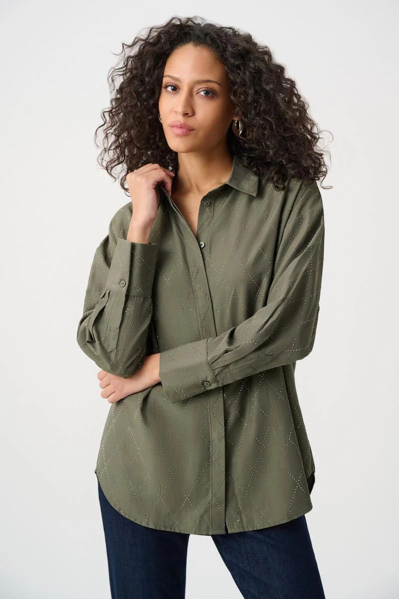 Boxy Blouse w/ All-Over Rhinestone , Color: Avocado, Size: S