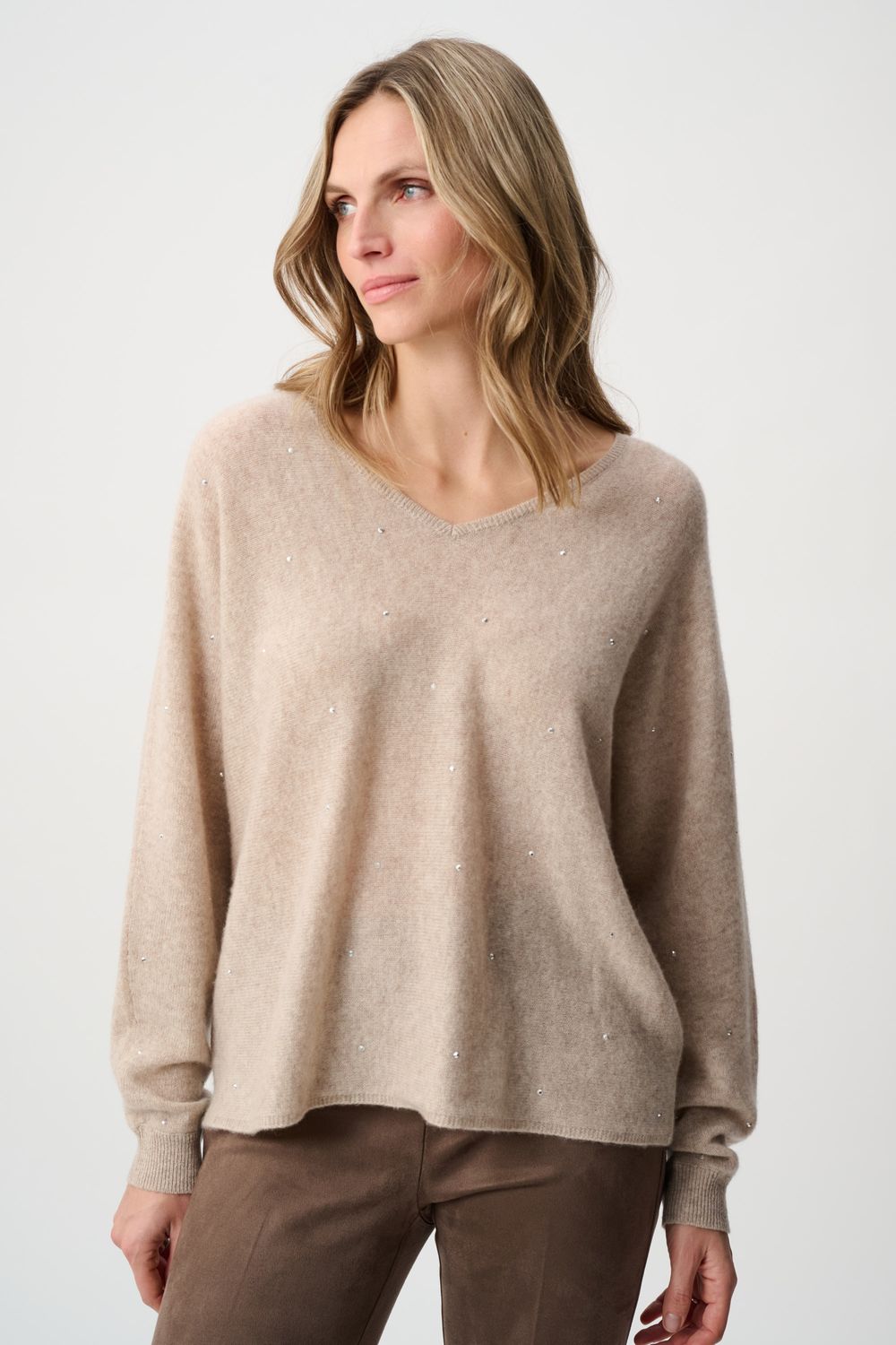 Cashmere Boxy Jeweled Sweater , Color: Oatmeal Melange, Size: S