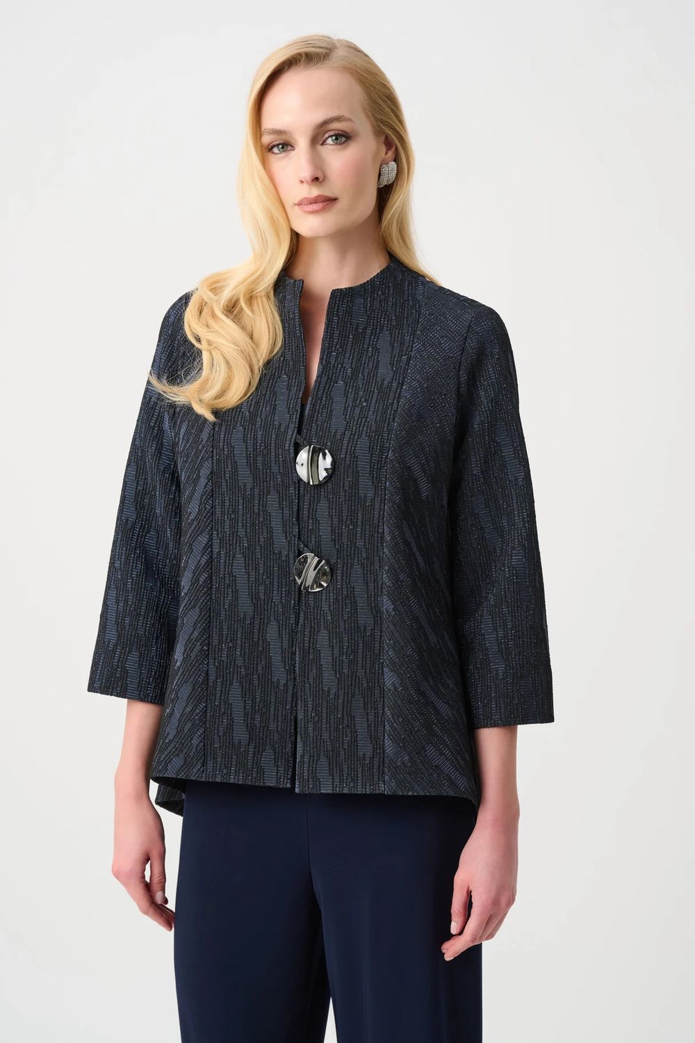Foil-Textured Trapeze Jkt, Color: Navy, Size: 14