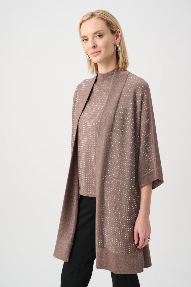 Embellished 3/4 Sleeve Long Cardi , Color: Mink/ Gold, Size: XS/S