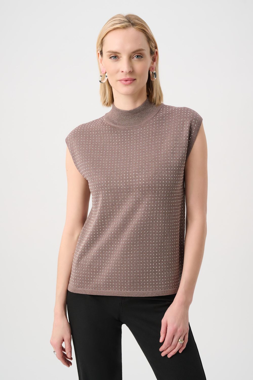 Mock Neck Embellished Sleeveless Top, Color: Mink/ Gold, Size: S