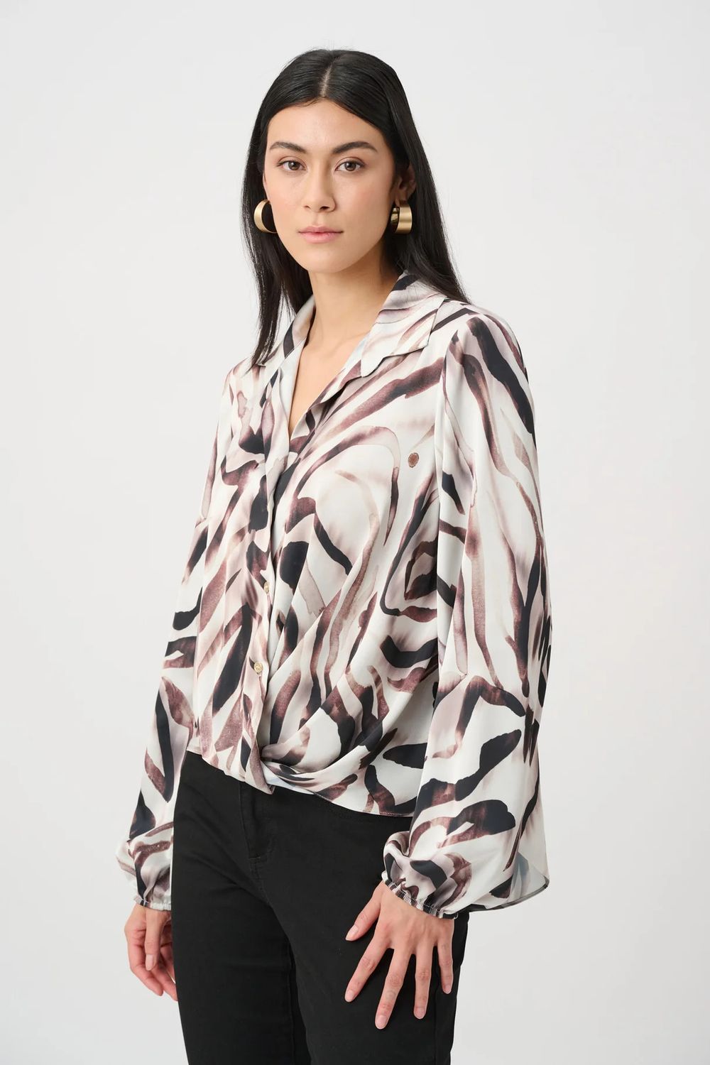 Puff Sleeve Satin Print Top, Color: Beige/ Multi, Size: 16