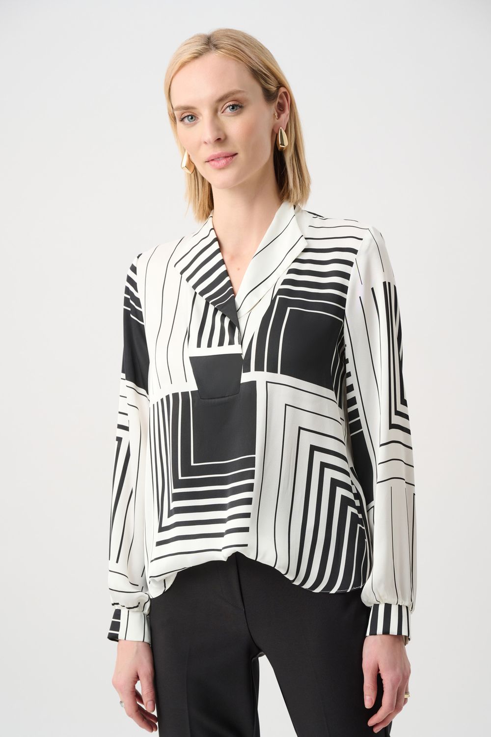 Satin Geo Print Boxy Blouse , Color: Off-White/ Blk, Size: 16