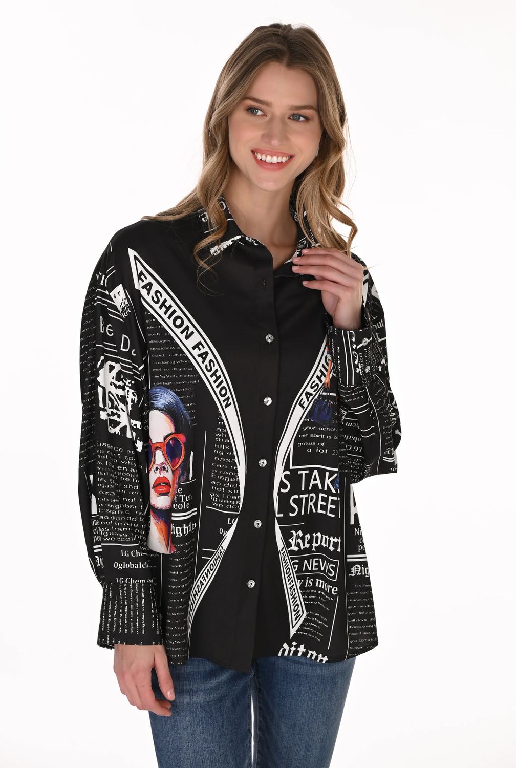 Graphic Print Embellished Blouse, Color: Black Multi, Size: S