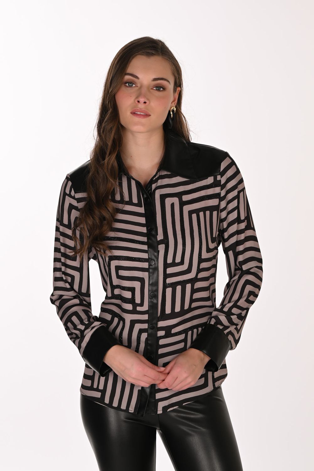Geometric print Faux Leather Blouse, Color: Taupe/ Black, Size: M