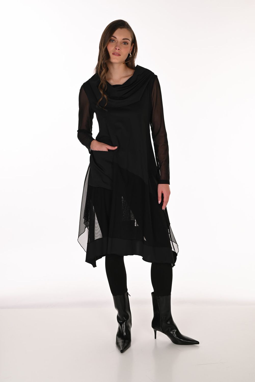 Cowl Neck Mesh Detail Tunic , Color: Black, Size: 8