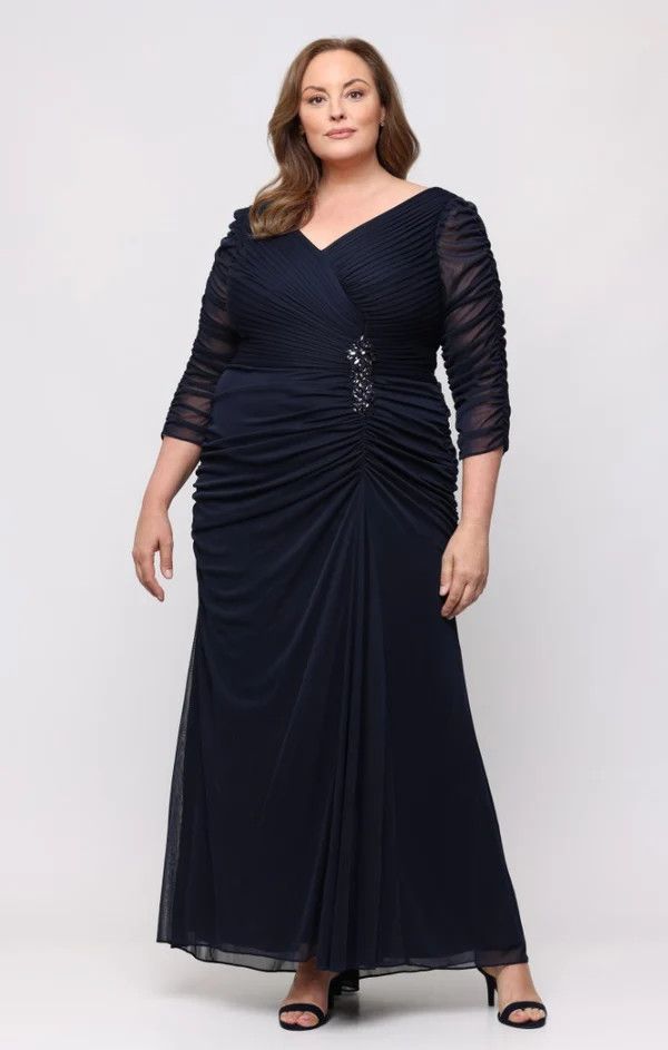 Mesh Sleeve Gathered Embellished Gown , Color: Navy, Size: 16w