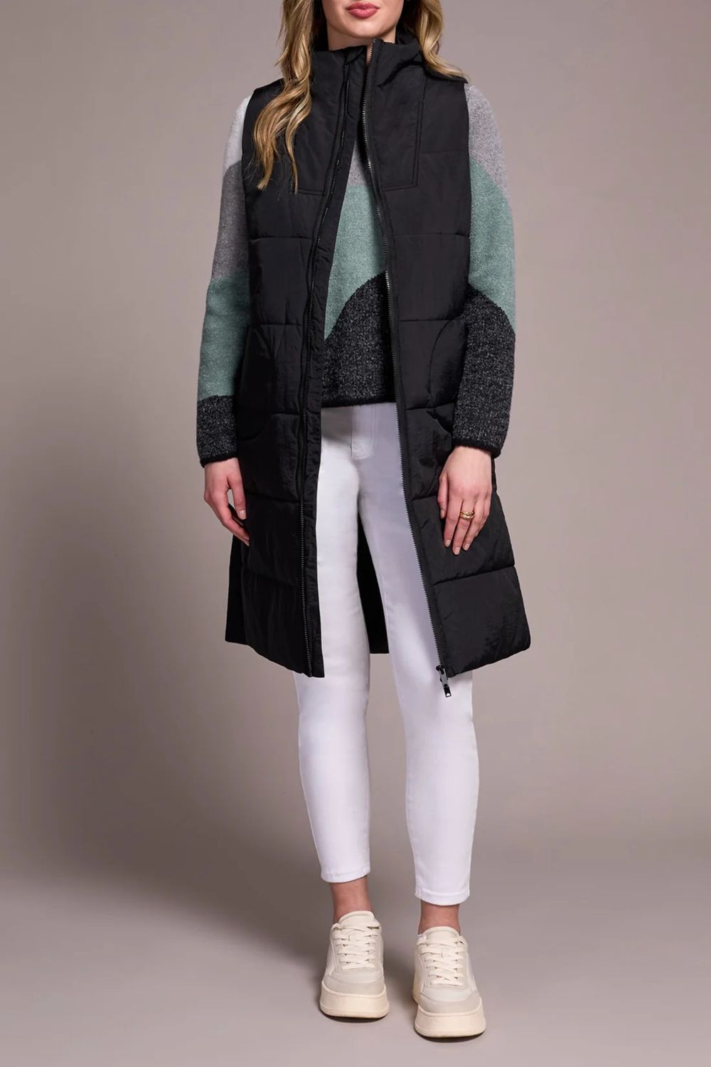 Long Quilted Vest , Color: Black, Size: XS