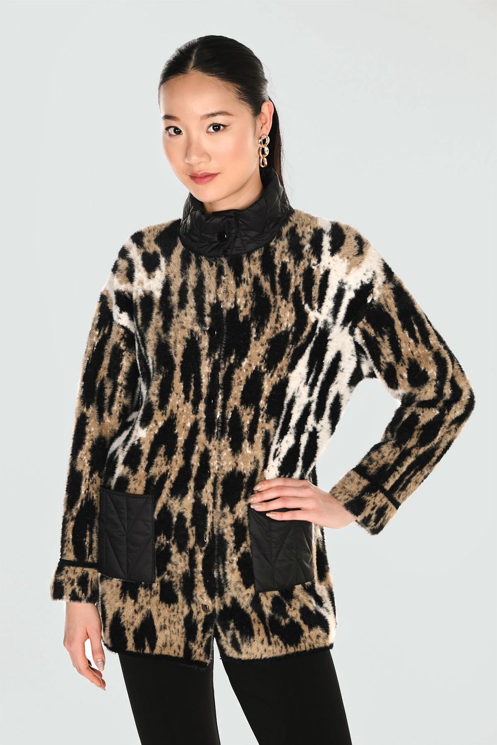 Chic Animal Print Snap Jkt, Color: Blk/ Tan, Size: M