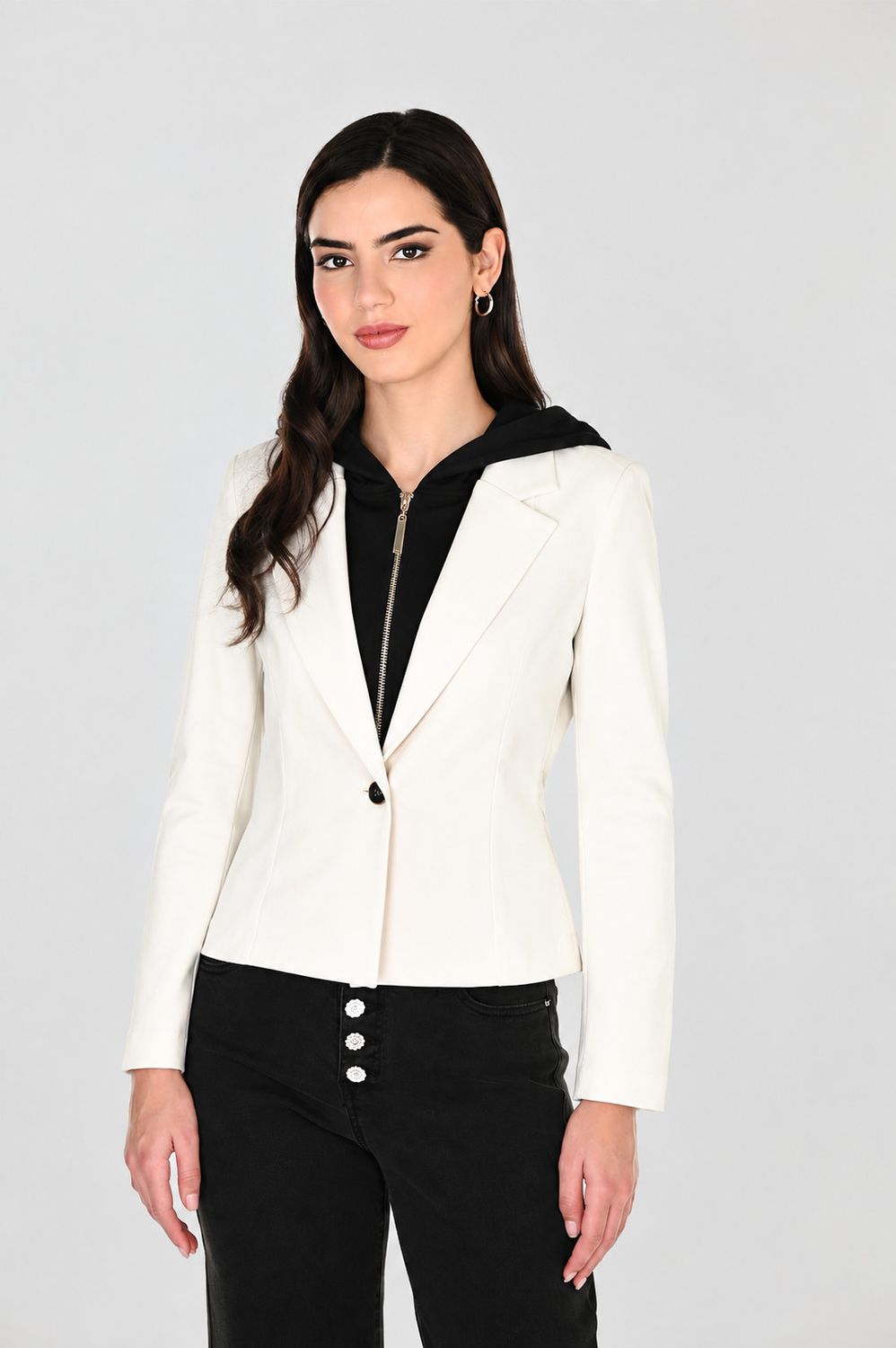 Notched- Collar Hooded Blazer and Pant , Color: Ivory/ Black, Size: 6