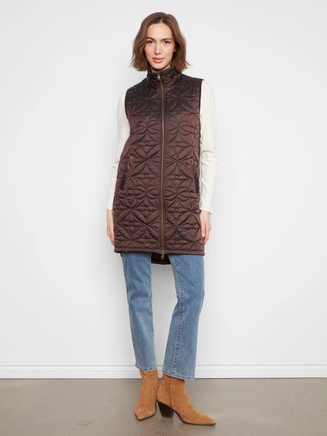 Long Slim Puffer Vest , Color: Mocha, Size: S