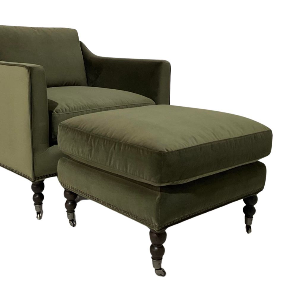 ADRIENNE OTTOMAN - VINTAGE VELVET OLIVE, CARBON OAK
