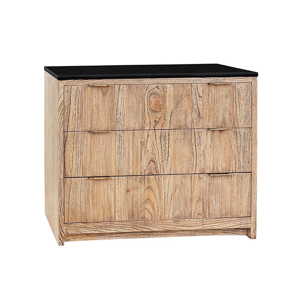 BERKELEY 3DRW BEDSIDE TABLE - BLACK MATTE MARBLE, TIDAL WOOD