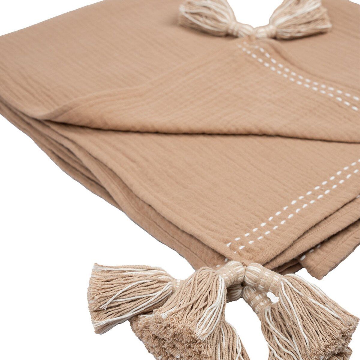 MUSLIN THROW BLANKET WITH TASSELS, Color: BROWN