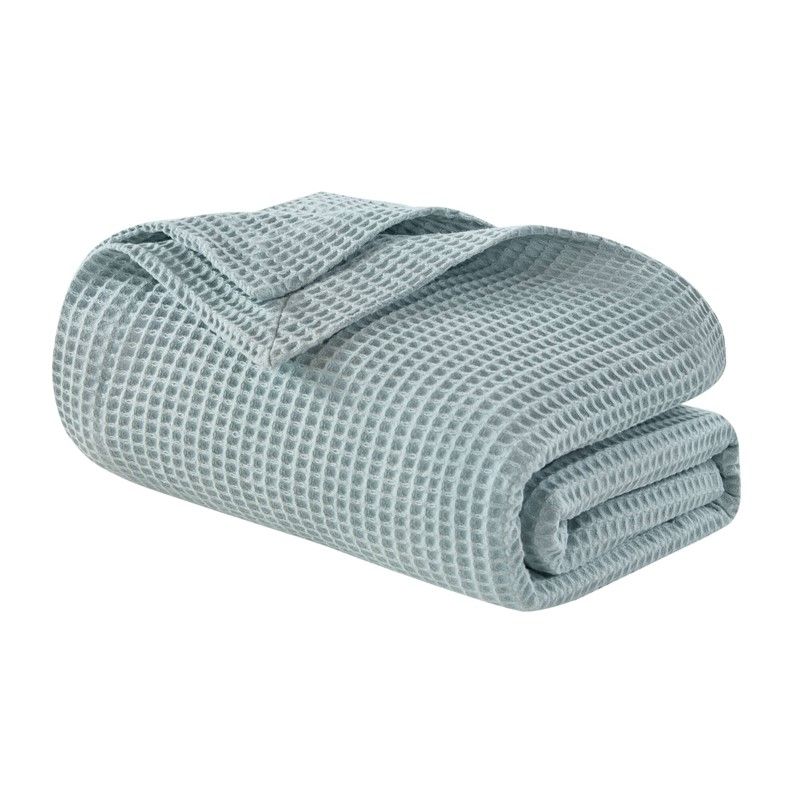WAFFLE WEAVE COTTON BLANKET, Color: AQUA, Size: TWIN