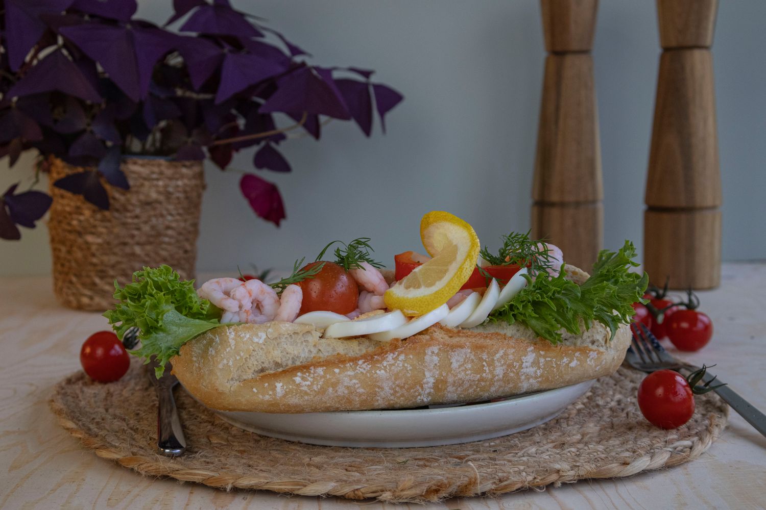 Baguette med reker og egg