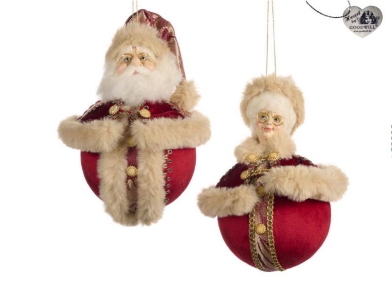 Broc. North Pole Santa/ Mrs. Santa Head on ball ornament ass.