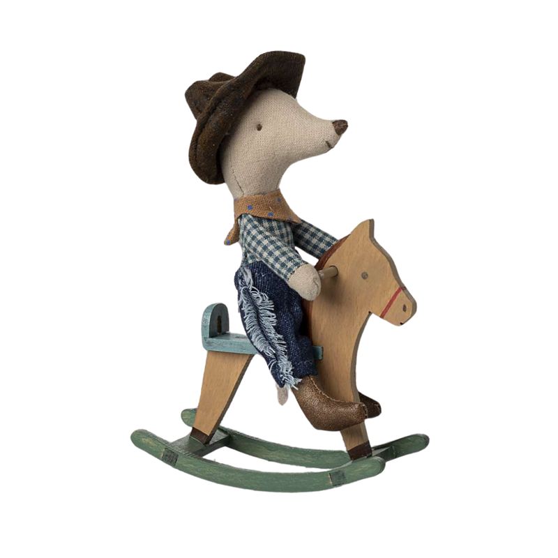 Cowboy muis op hobbelpaardje - kleine broer