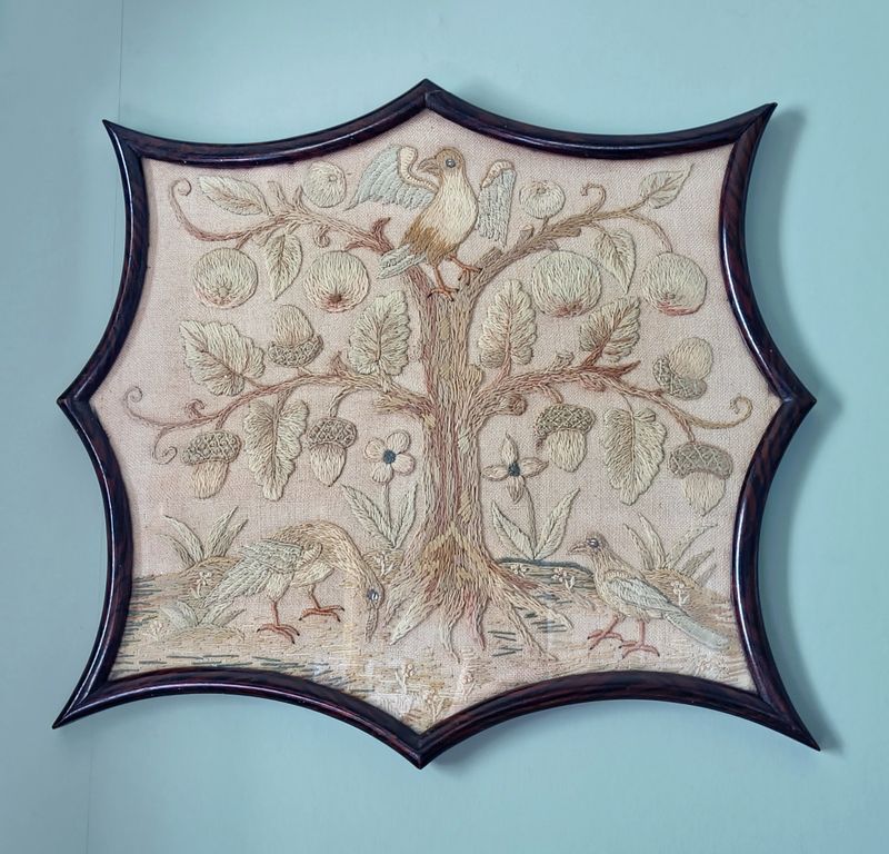 19th Century Scalloped Framed Woolwork on Linen Panel Sampler