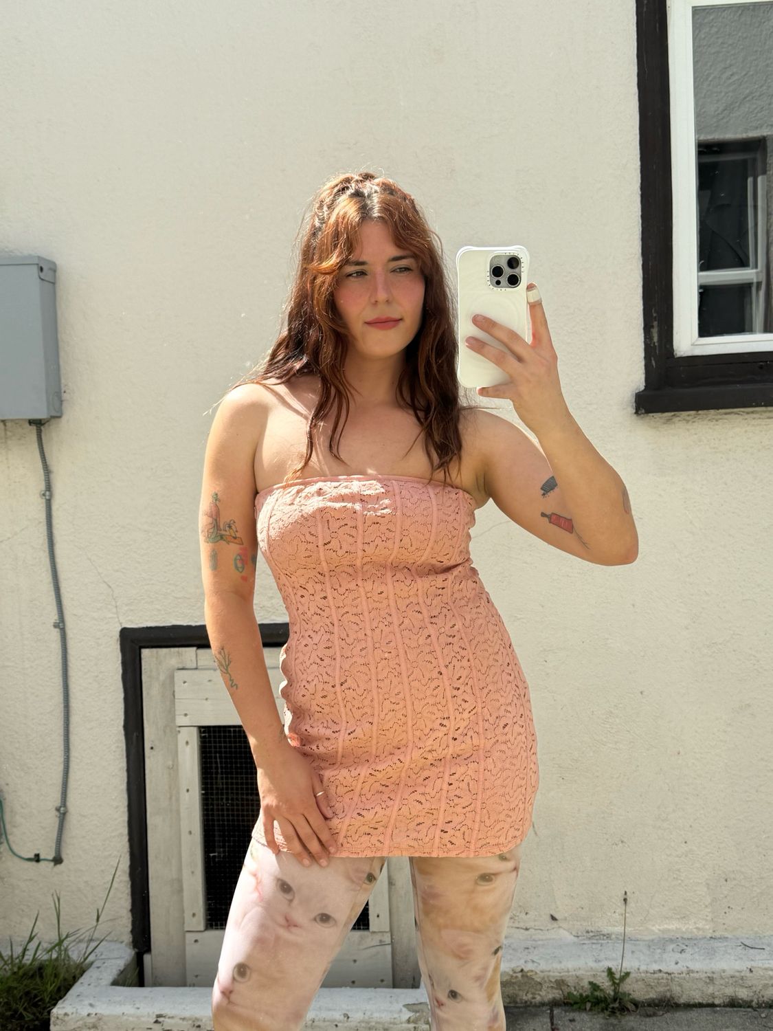 peach lace tube dress