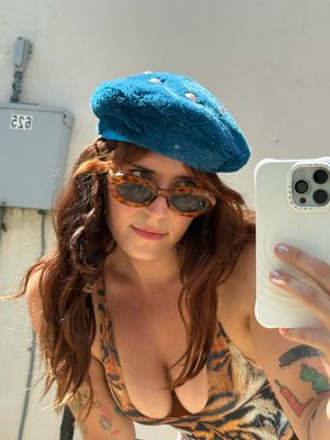 fuzzy beret with pearls