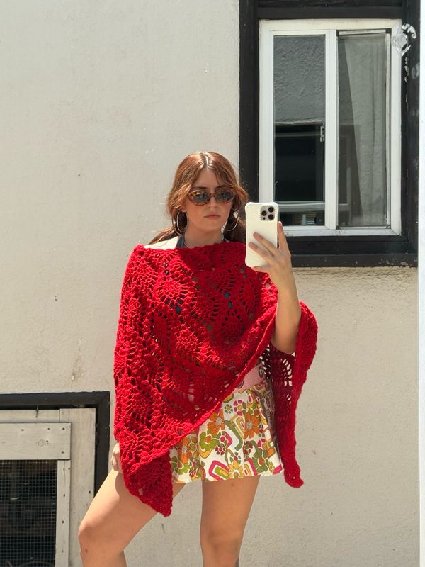 handmade red crochet poncho