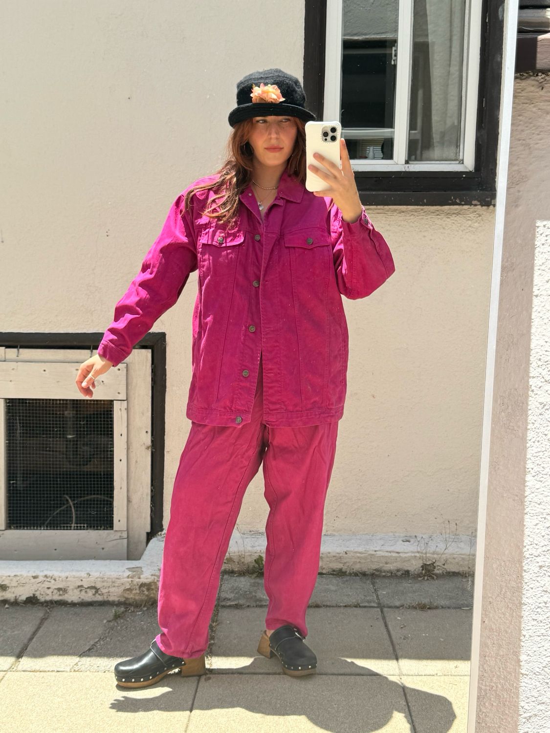 magenta denim workwear set